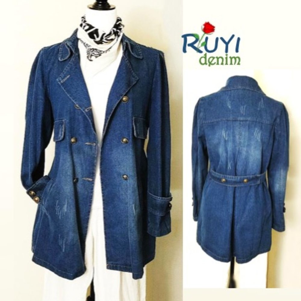 Denim Blue Cotton Ripped Style Trench Jacket Coat Collar Pockets Double Breasted